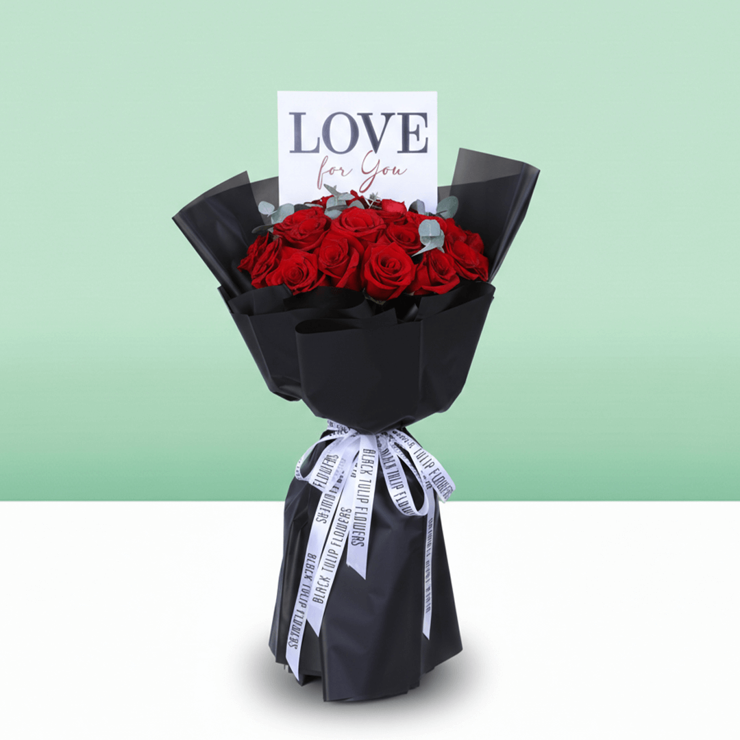 Love For You 25 Red Rose Bouquet arranged with 25 red roses and eucalyptus