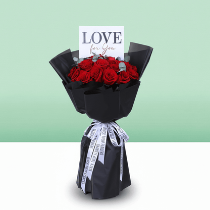 Love For You 25 Red Rose Bouquet arranged with 25 red roses and eucalyptus