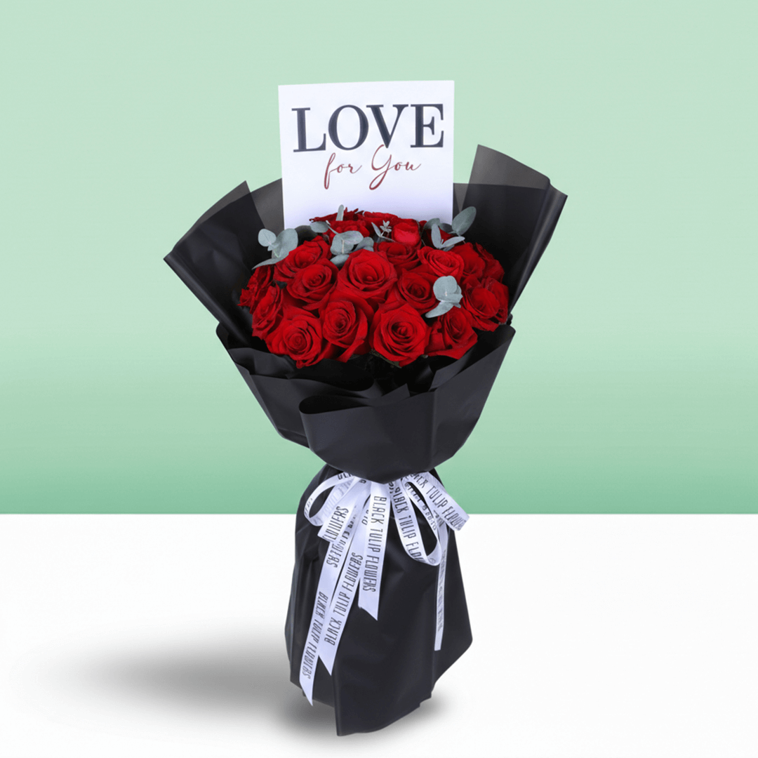 Love For You 25 Red Rose Bouquet arranged with 25 red roses and eucalyptus