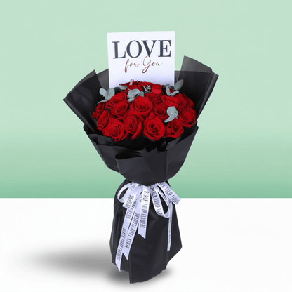 Love For You 25 Red Rose Bouquet arranged with 25 red roses and eucalyptus