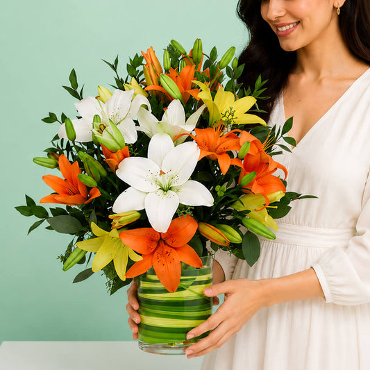 A transparent glass cylinder vase filled with orange, white and yellow lilies with fresh greenery.
