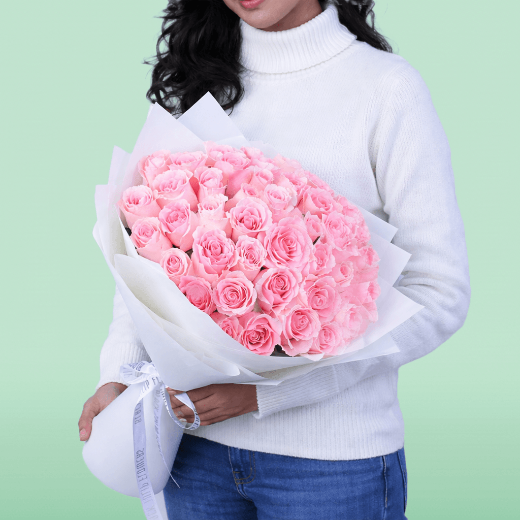 Mom’s Pink Rose Charm Bouquet with 30 fresh pink roses in soft wrapping