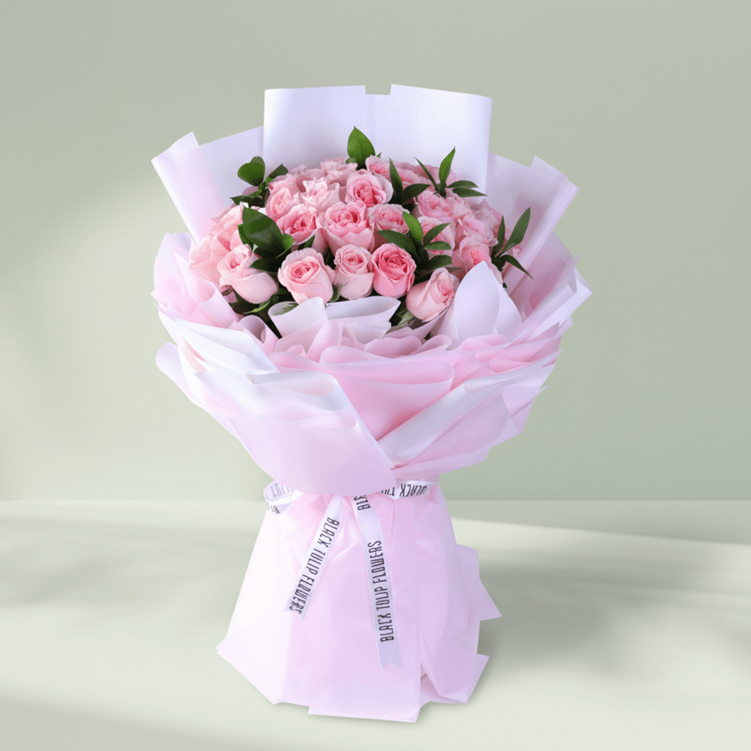 Mother’s Day Pink Rose Delight bouquet with 30 pink roses and green leaves