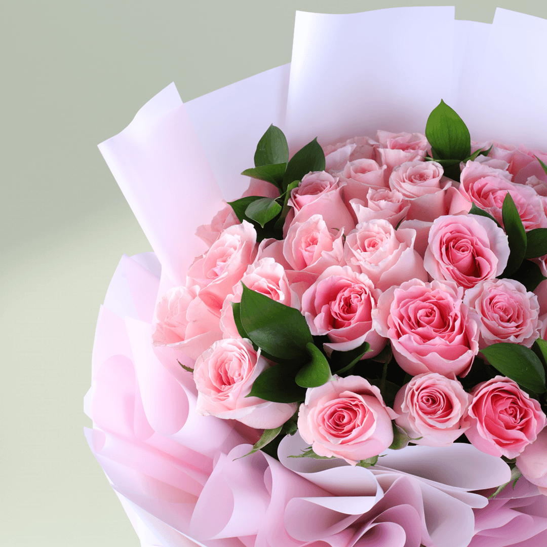 Mother’s Day Pink Rose Delight bouquet with 30 pink roses and green leaves