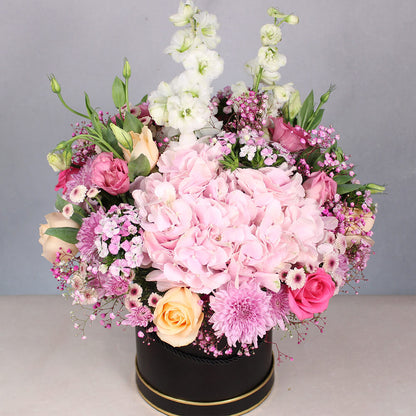 Pastel Hydrangeas, Roses, Delphiniums, Chrysanthemums and Eustoma in a black round box with Rakhi and Ferrero Rocher chocolates.
