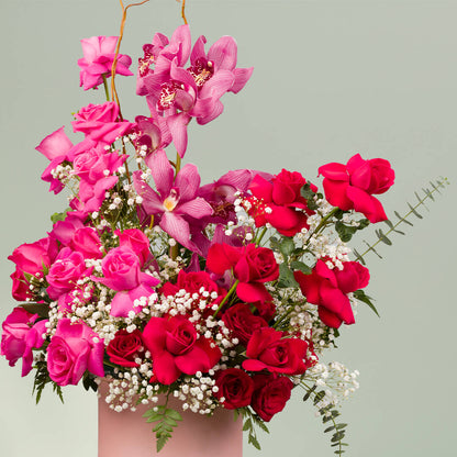Pink Rose Cymbidium Flower Box – Elegant Pink Rose and Cymbidium Flower Arrangement