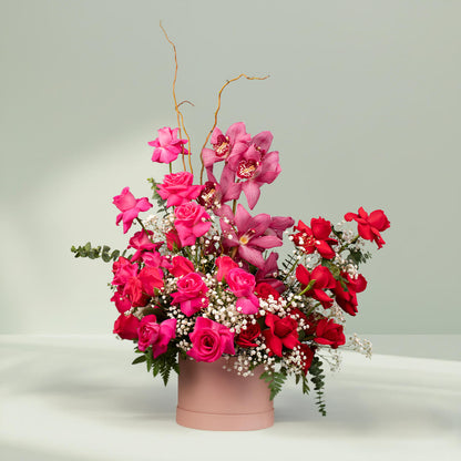 Pink Rose Cymbidium Flower Box – Elegant Pink Rose and Cymbidium Flower Arrangement