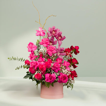 Pink Rose Cymbidium Flower Box – Elegant Pink Rose and Cymbidium Flower Arrangement