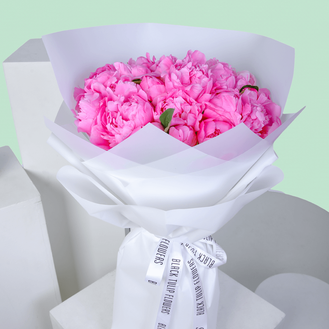 Bouquet of fresh pink peonies with soft blush petals in a white wrap