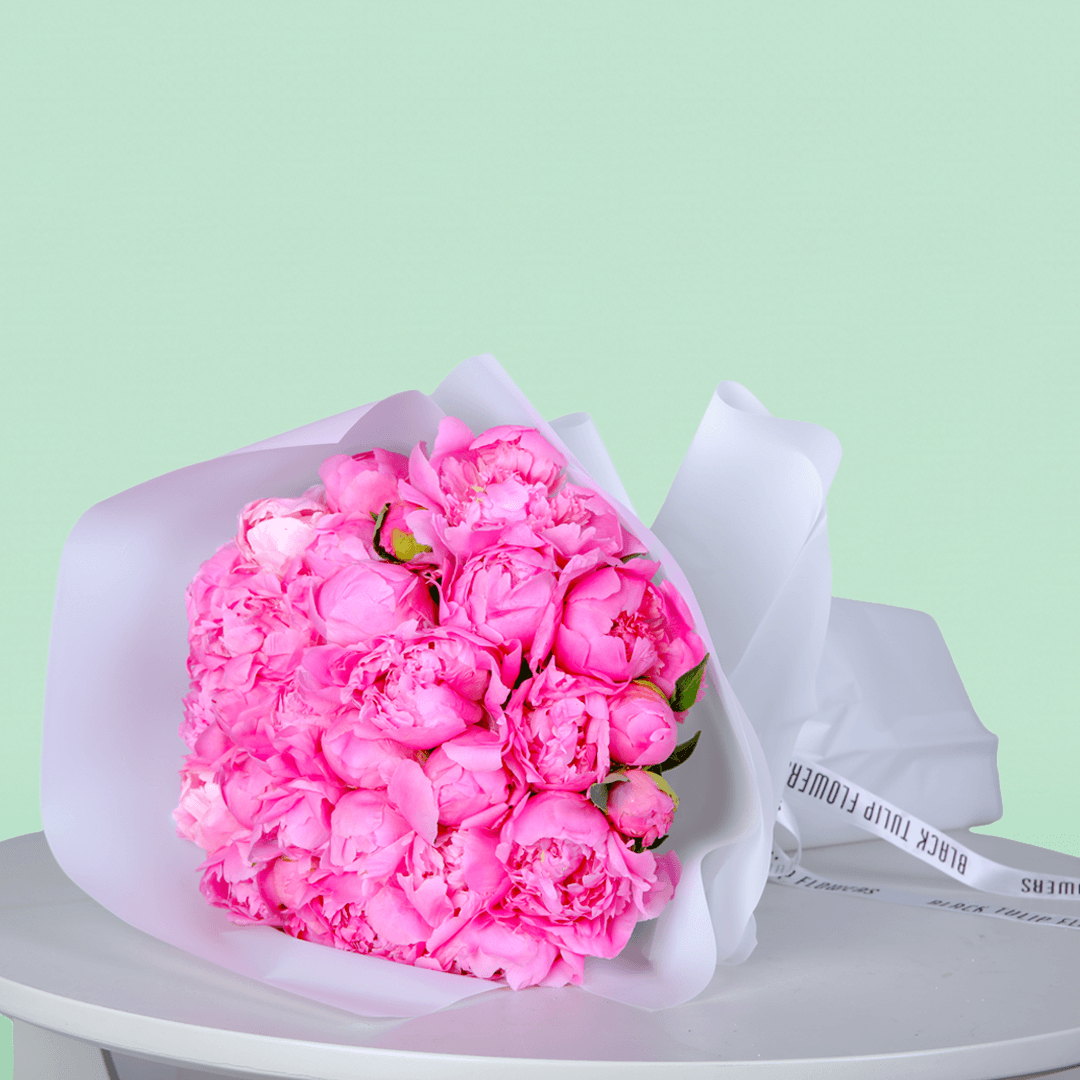 Bouquet of fresh pink peonies with soft blush petals in a white wrap