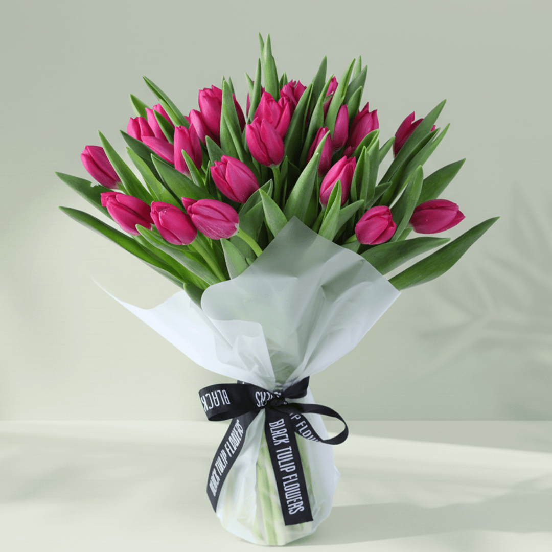 Pink Tulip Bouquet for Mom with 30 pink tulips in Korean-style wrapping