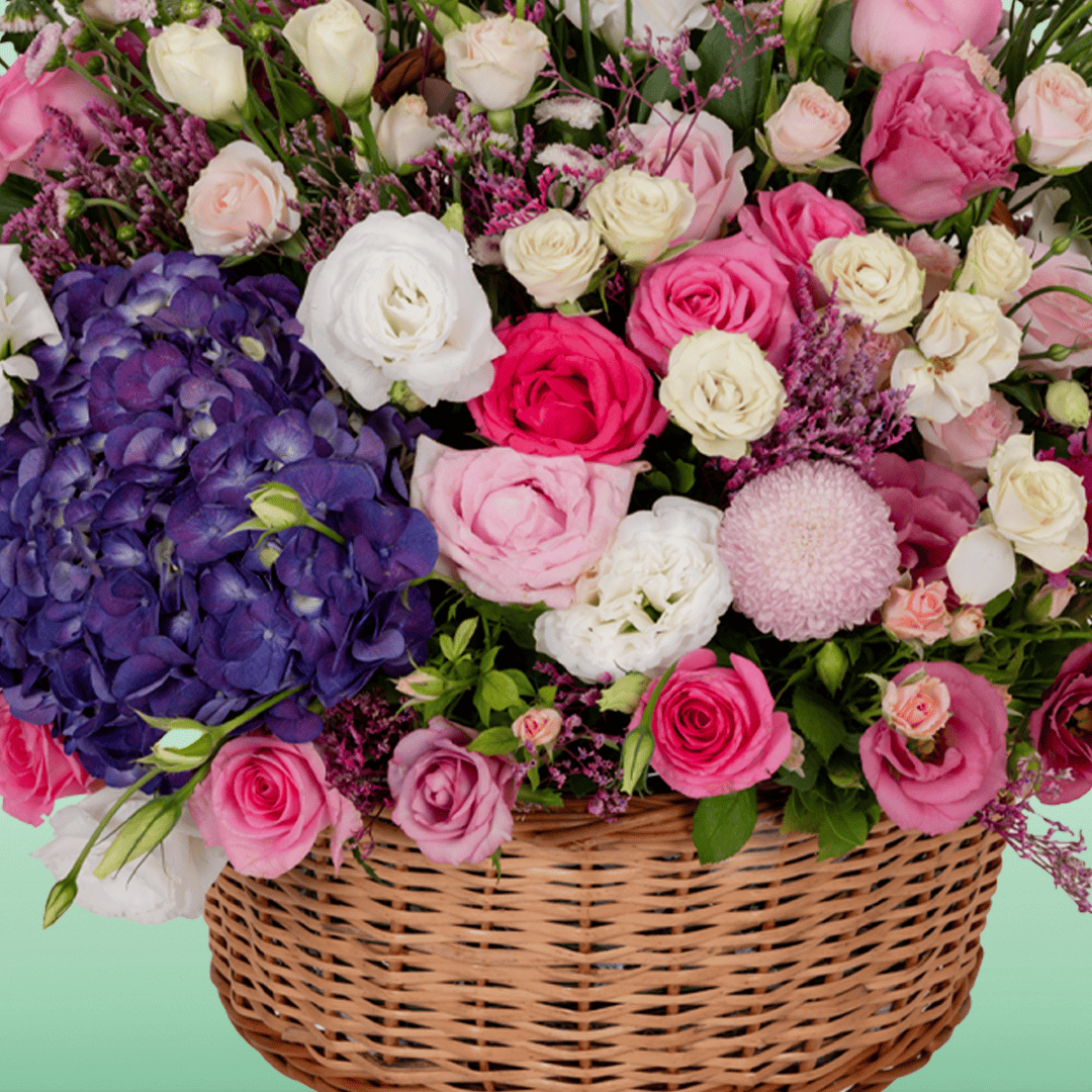 Large assorted flower basket with Hydrangeas, Roses, Eustoma, Chrysanthemums, Limonium and Snapdragons.