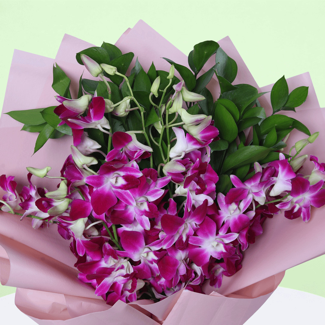 10 purple dendrobium orchids bouquet with greenery in pink wrapping and black ribbon