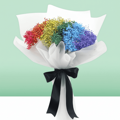 Rainbow baby’s breath bouquet in red, orange, yellow, green, blue and purple with white wrapping and black ribbon