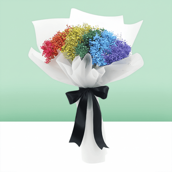 Rainbow baby’s breath bouquet in red, orange, yellow, green, blue and purple with white wrapping and black ribbon