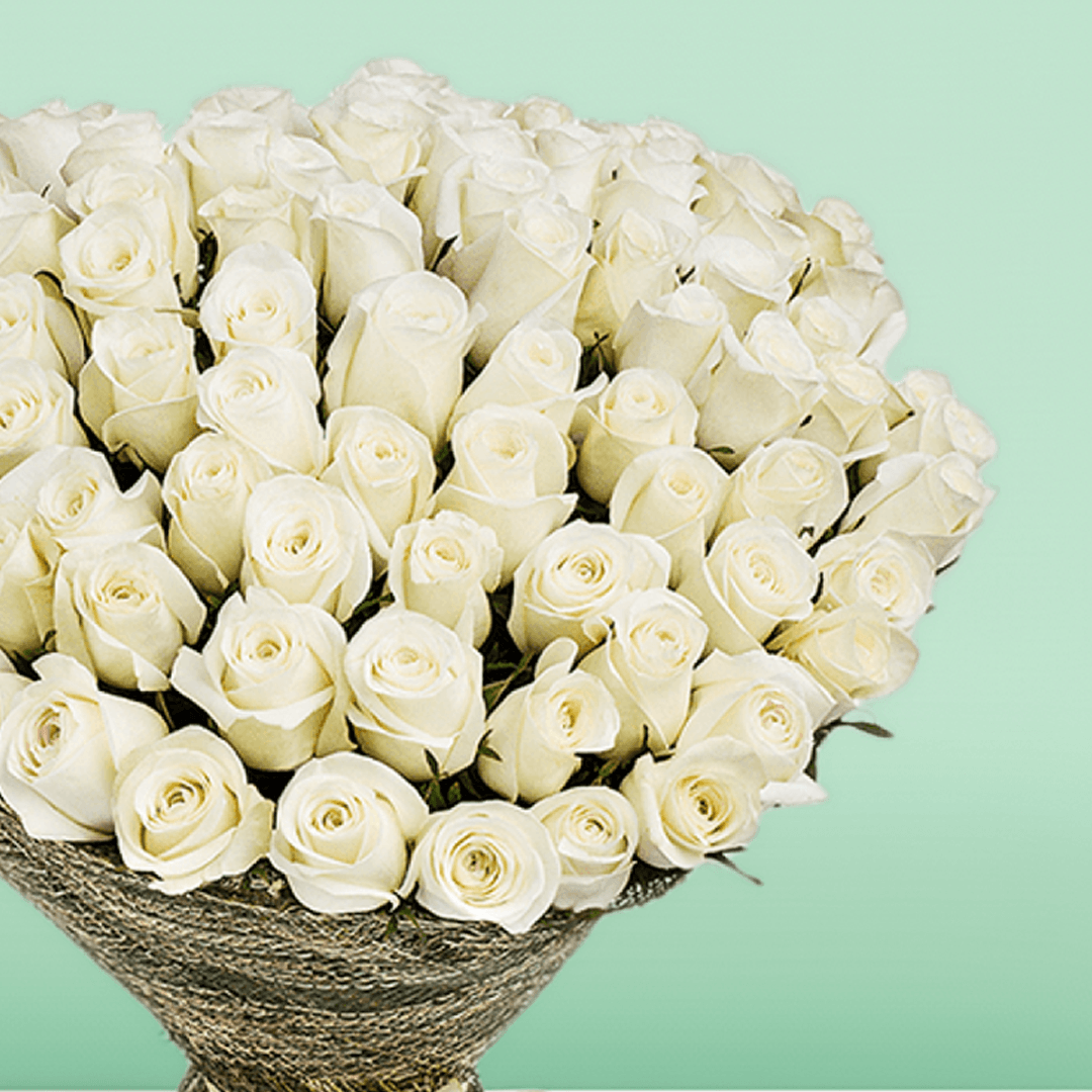Bouquet of 50 white roses wrapped in natural jute and finished with an ivory ribbon