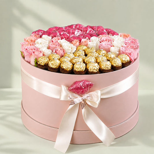 Roses and Ferrero Rocher chocolate box gift arrangement