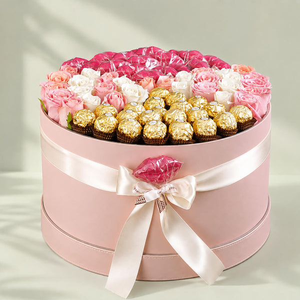 Roses and Ferrero Rocher chocolate box gift arrangement