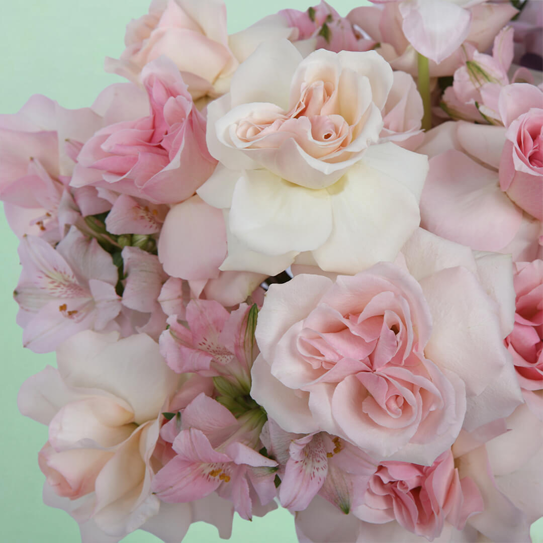 Roses, Spray Roses, Tulips and Hydrangeas with greenery arranged in a pink round flower box.