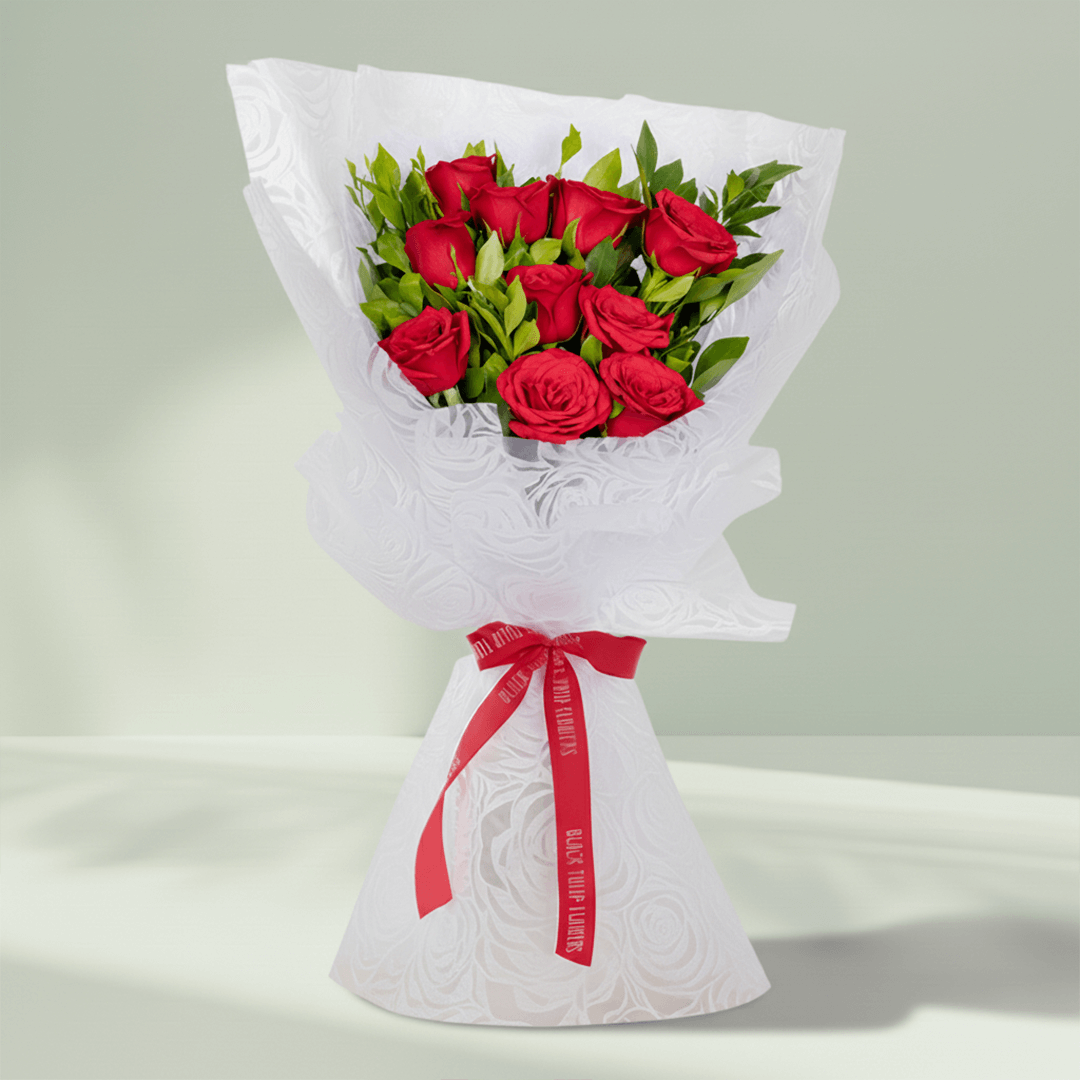 Red Roses Bouquet arranged with 10 red roses with fresh foliage