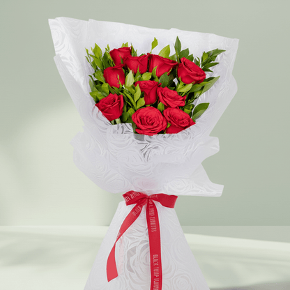 Red Roses Bouquet arranged with 10 red roses with fresh foliage