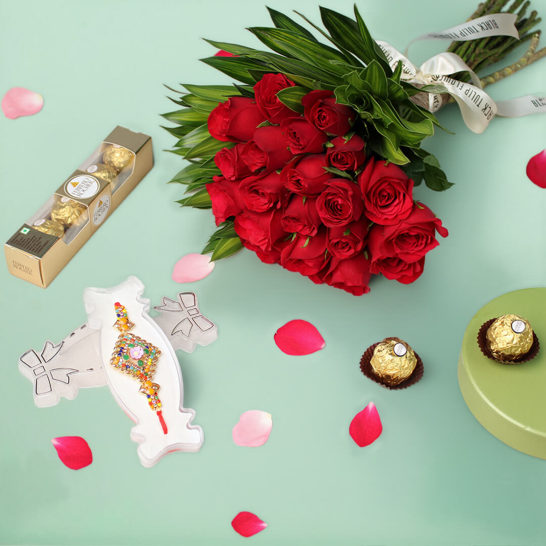 Ruby Rakhi with red roses and chocolates for Raksha Bandhan