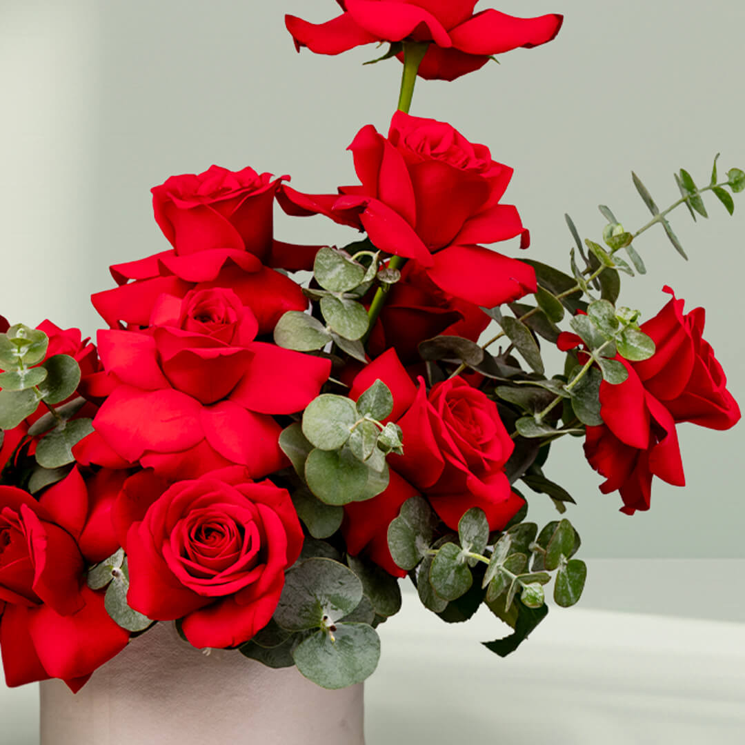 Scarlet Rose Eucalyptus Flower Box – elegant red roses with fresh eucalyptus arranged in a gift box.