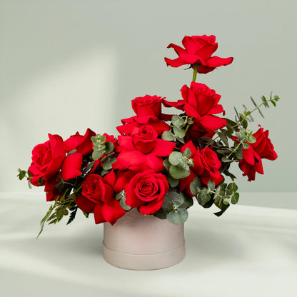 Scarlet Rose Eucalyptus Flower Box – elegant red roses with fresh eucalyptus arranged in a gift box.