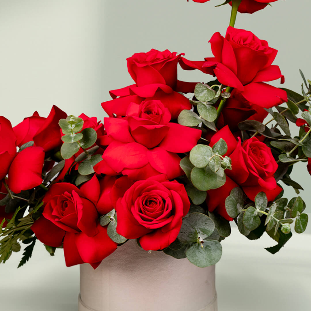 Scarlet Rose Eucalyptus Flower Box – elegant red roses with fresh eucalyptus arranged in a gift box.