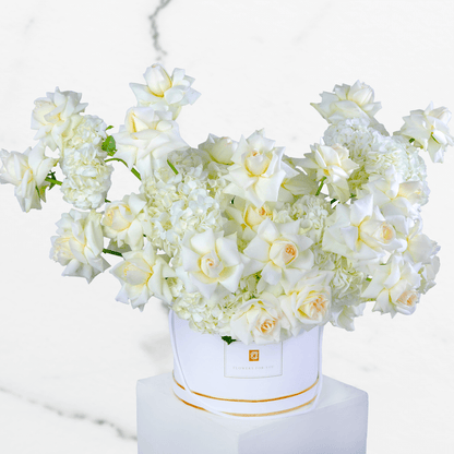 White hydrangea and rose arrangement with 30 blooms in a round white flower box.