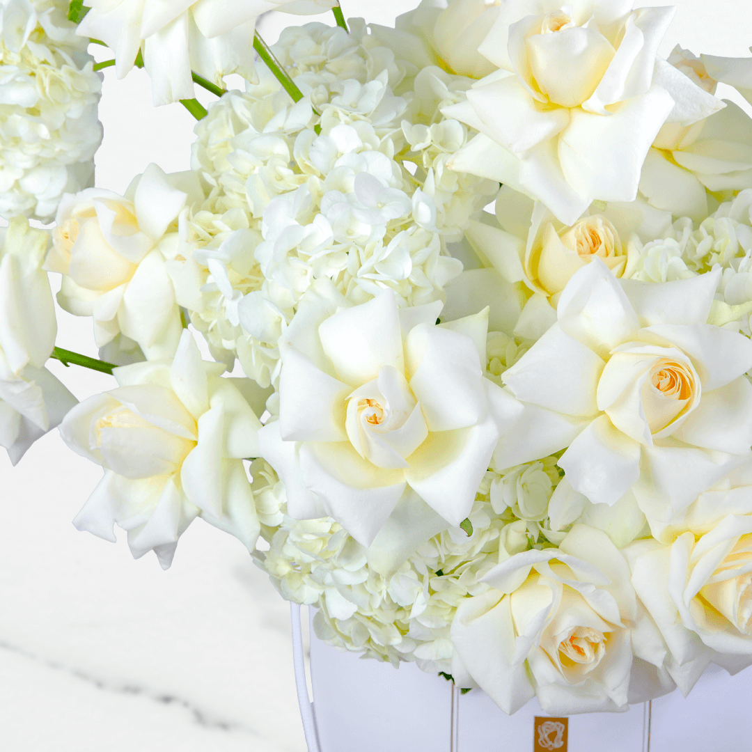 White hydrangea and rose arrangement with 30 blooms in a round white flower box.