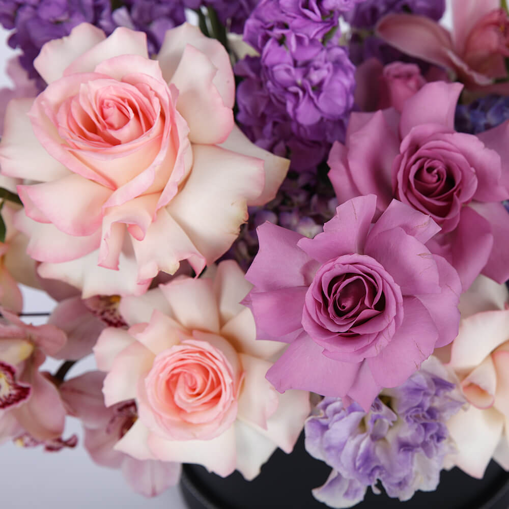 Pastel Roses, Cymbidium orchids, Lisianthus, Hydrangeas and Snapdragons arranged in a black round flower box.