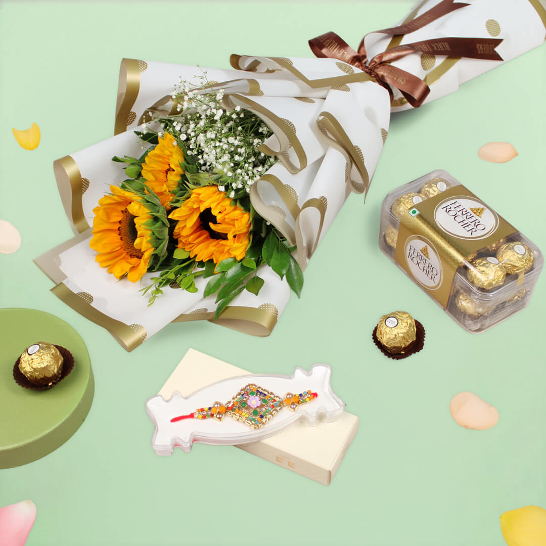 Sparkling Sunflower Rakhi Combo with Sunflowers and Rakhi