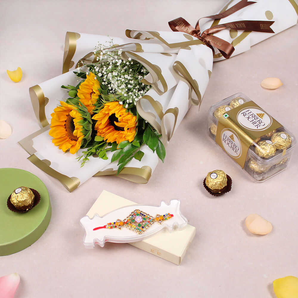 Sunflower bouquet with one Rakhi and a box of 16 Ferrero Rocher chocolates.