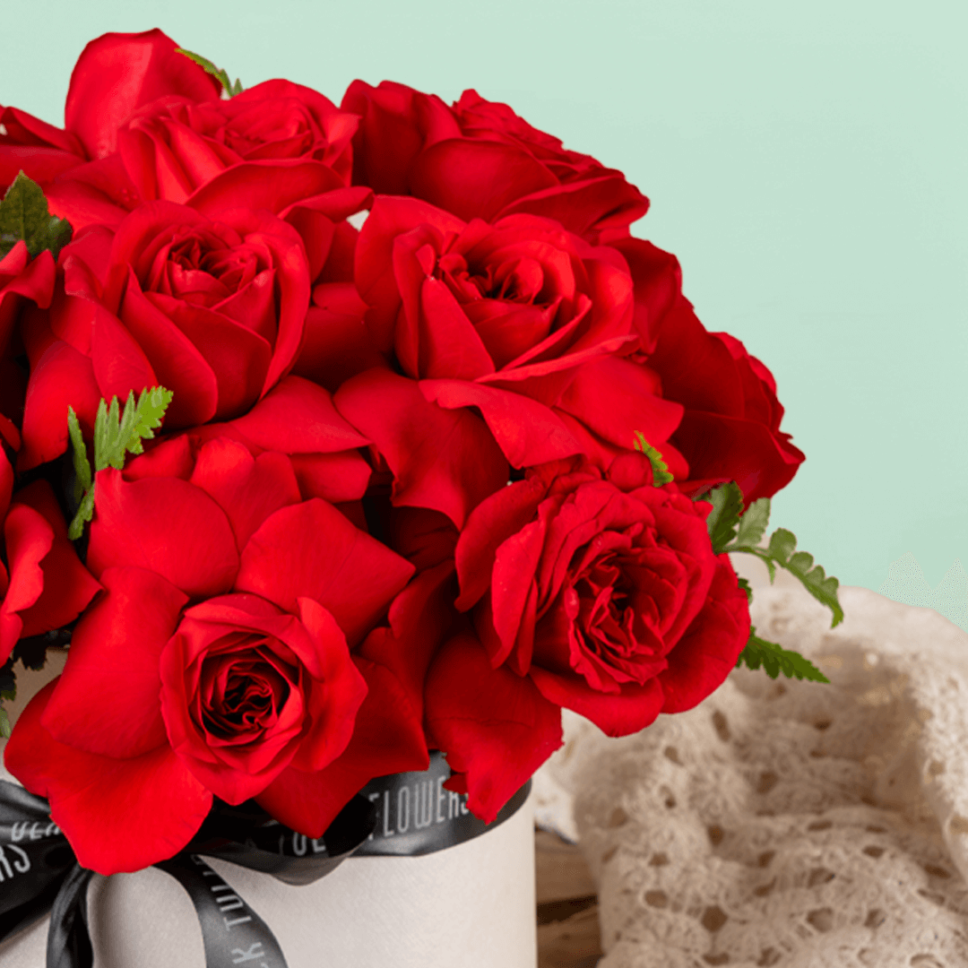 Fresh red roses arranged in a white round flower box with black ribbon