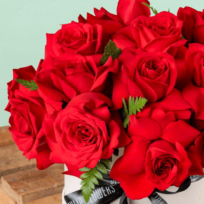 Fresh red roses arranged in a white round flower box with black ribbon