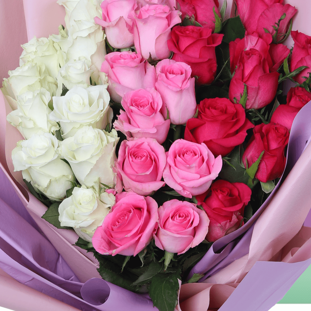 30–35 mixed white pink and red roses bouquet in soft wrapping