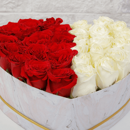 Red and white roses arranged in equal halves inside a small white heart-shaped box.
