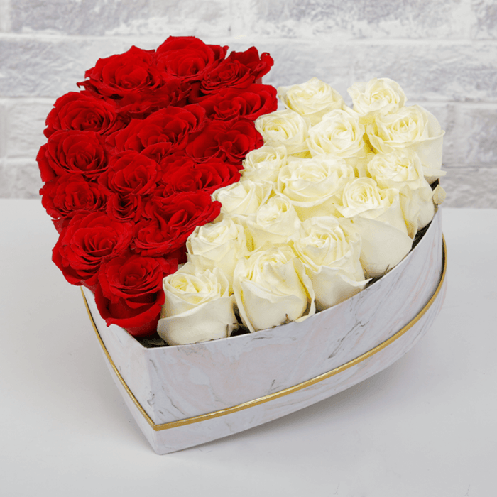 Half Red and White Roses In Marbled Box
