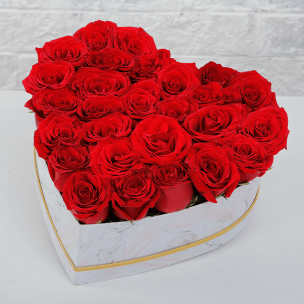 Red roses closely arranged in a small white heart-shaped box with gold rim