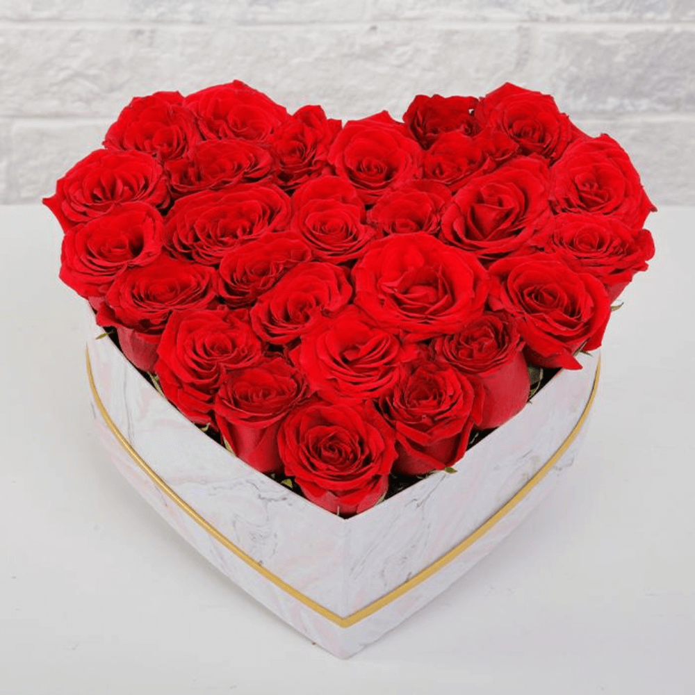 Red roses closely arranged in a small white heart-shaped box with gold rim