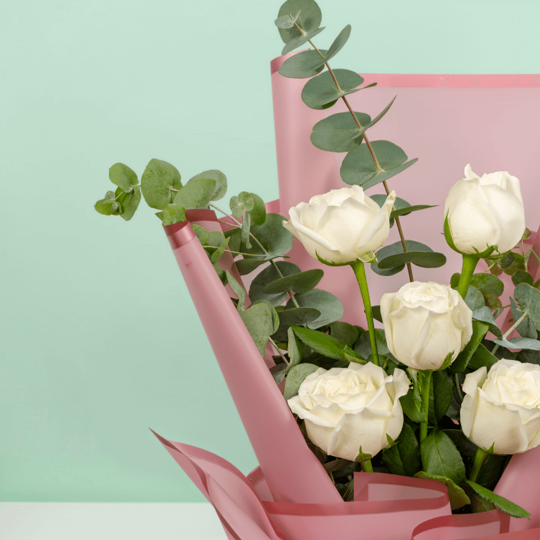 5 white roses bouquet with eucalyptus in Korean-style wrapping