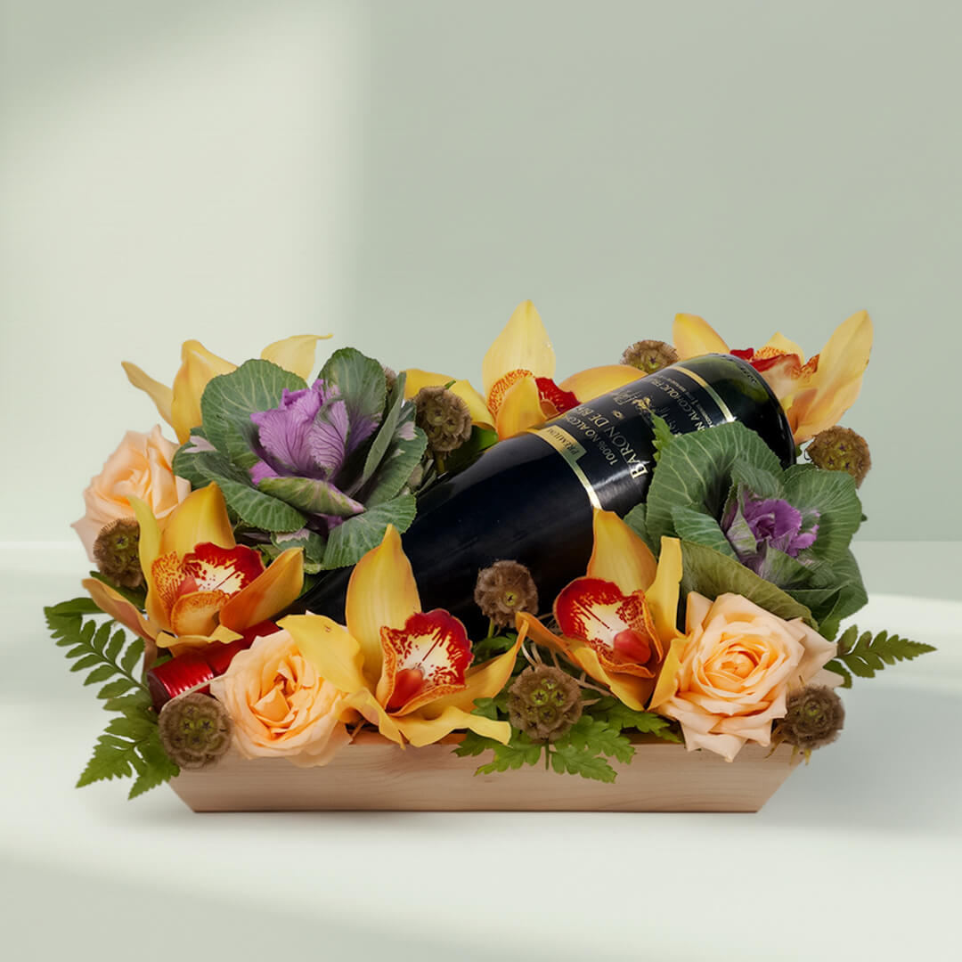 Vino Petals bouquet with 16 assorted Cymbidium, Scabiosa, roses, cabbage flowers and leather leaf, paired with premium non-alcoholic wine 750ml.