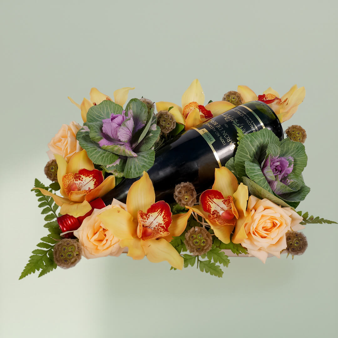 Vino Petals bouquet with 16 assorted Cymbidium, Scabiosa, roses, cabbage flowers and leather leaf, paired with premium non-alcoholic wine 750ml.