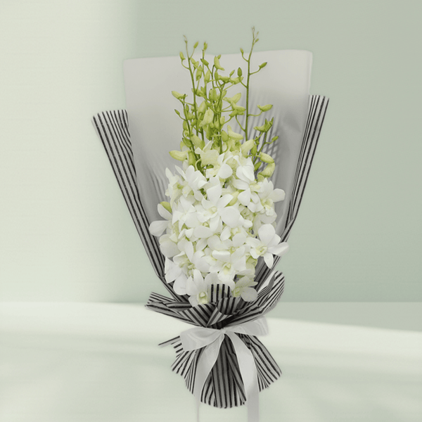 White orchid bouquet wrapped in black-and-white striped non-woven paper