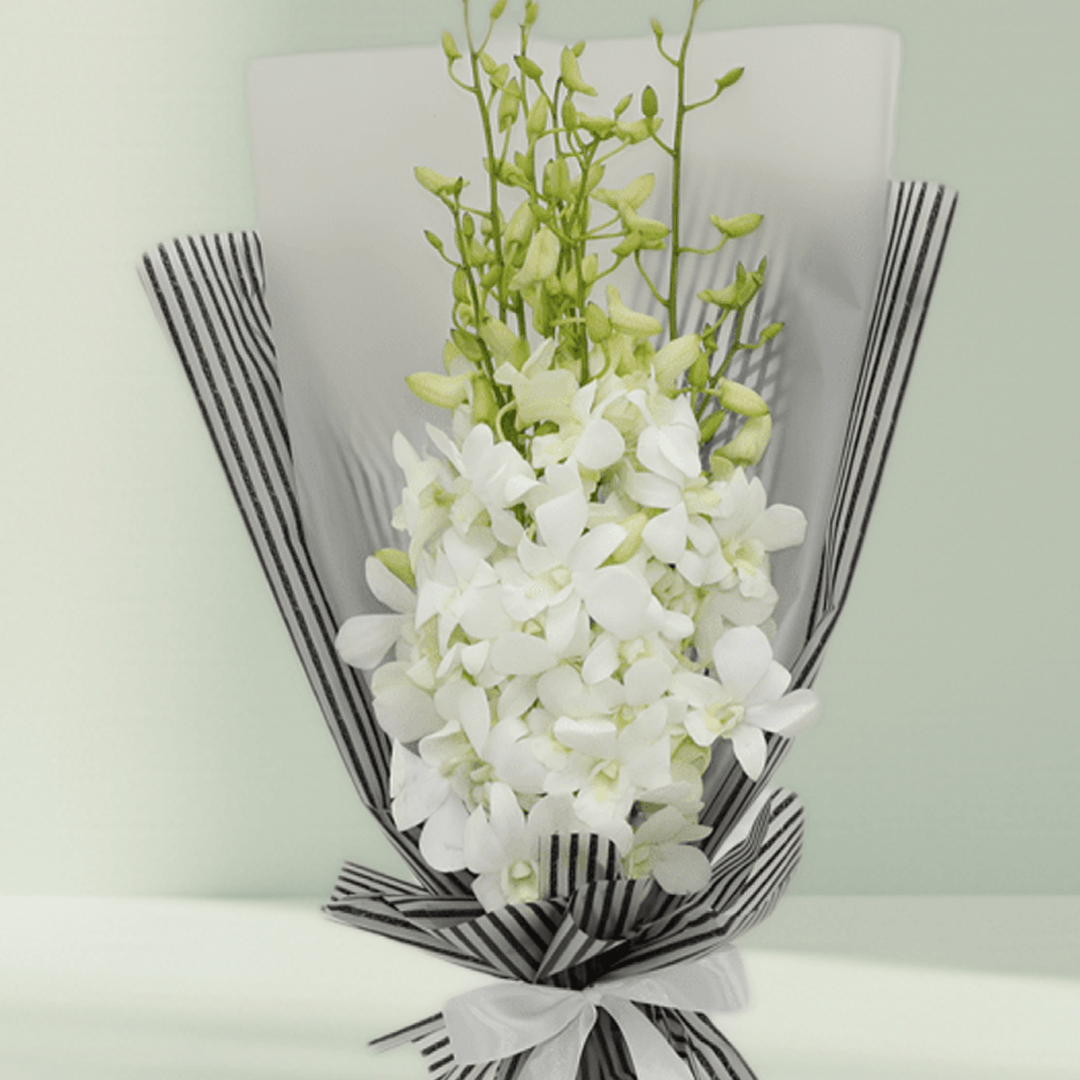 White orchid bouquet wrapped in black-and-white striped non-woven paper