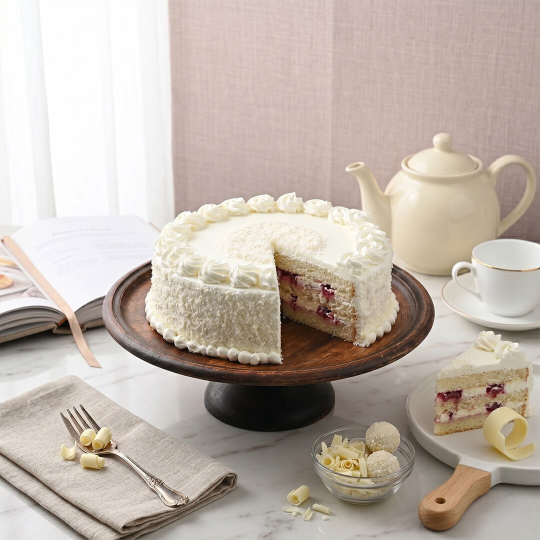 White Forest Cake decorated with white chocolate shards, whipped cream and red cherries.