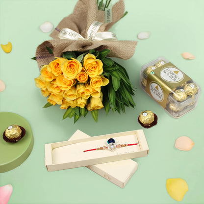 Yellow roses Rakhi and Ferrero Rocher gift hamper