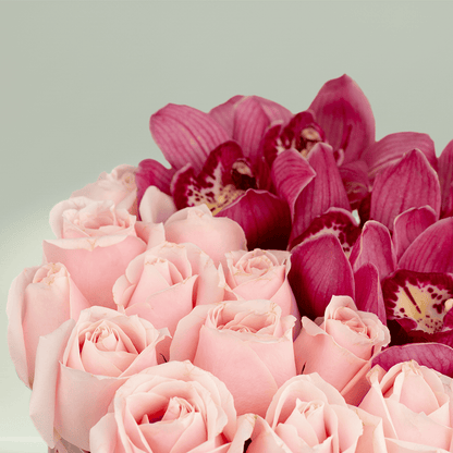 Pink Roses and Cymbidium orchids arranged in a round pink flower box.