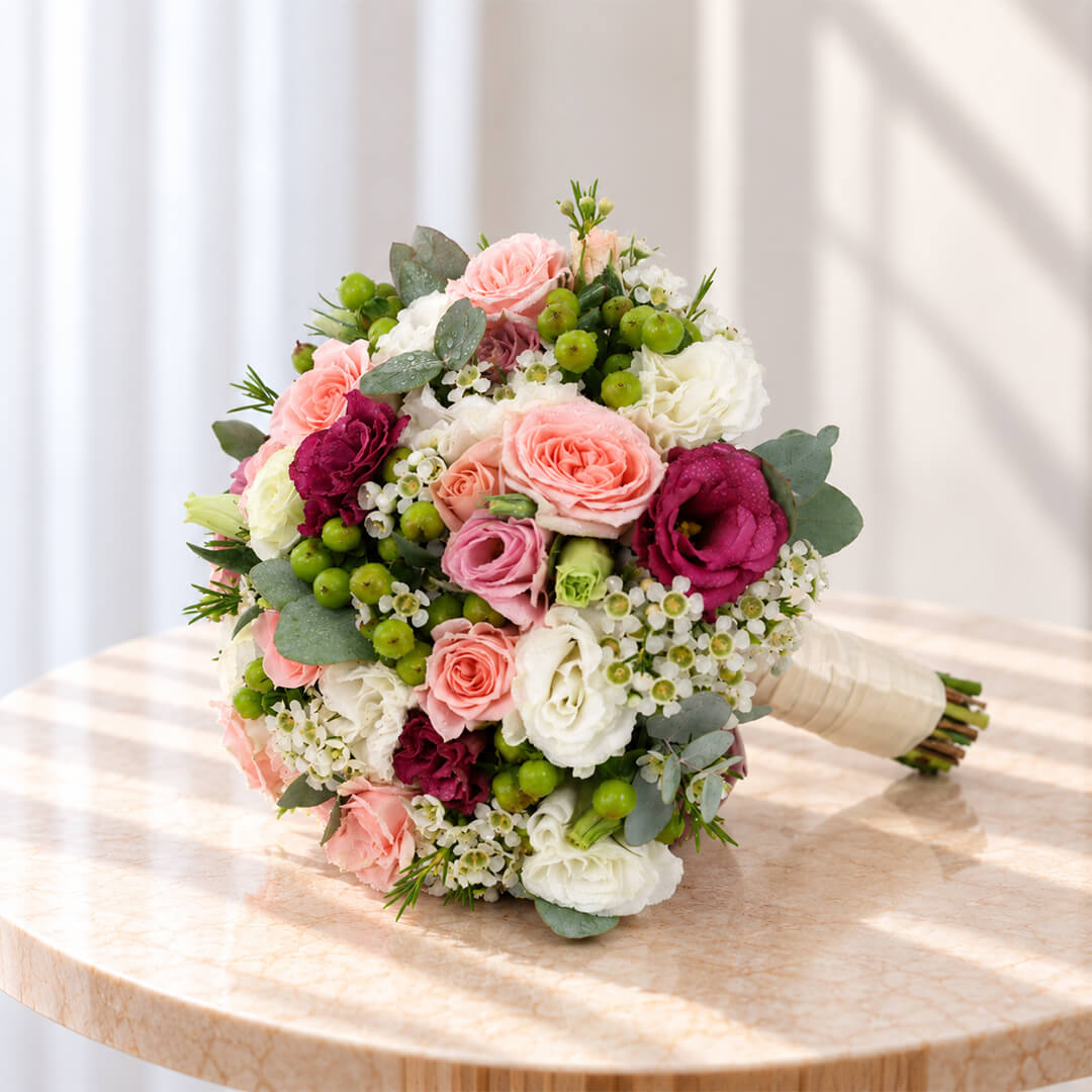 Mixed flower bridal bouquet featuring fresh Eustoma, roses, and eucalyptus